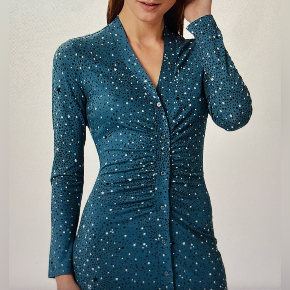 Hobbs London blue teal start print ruched front dress 10